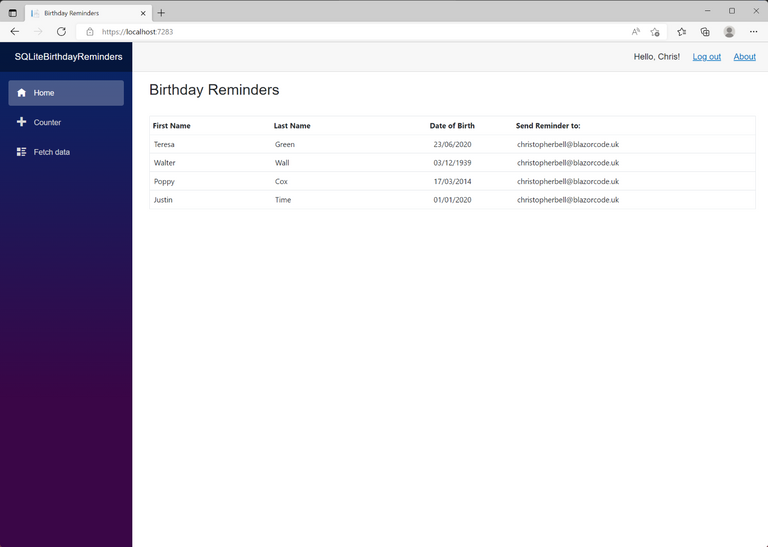 Index.razor - Birthday Reminders - SQLite