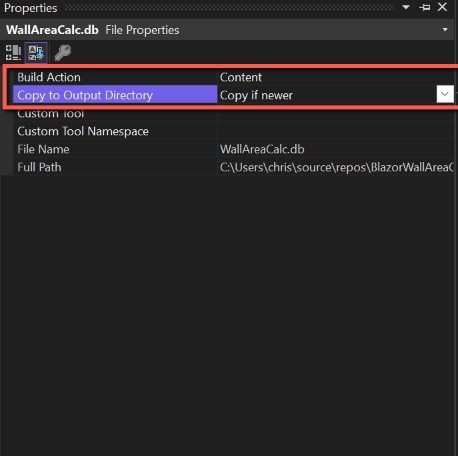 Database Properties in Visual Studio
