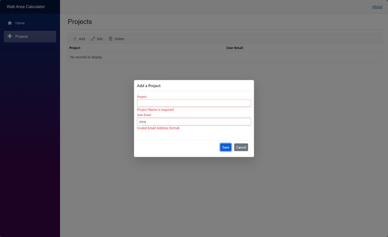 Add Project Dialog with data validation showing errors