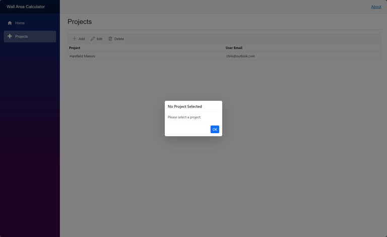 Delete Project - No Record Selected Warning