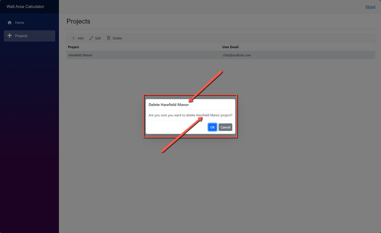 Delete Project - Confirmation showing Project Name