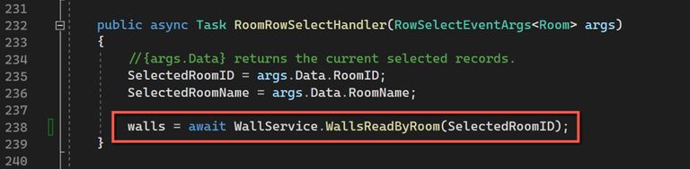 Room Row Select Handler - Refreshing Walls Grid