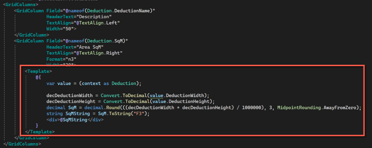 Deductions Grid - Calculation of Area